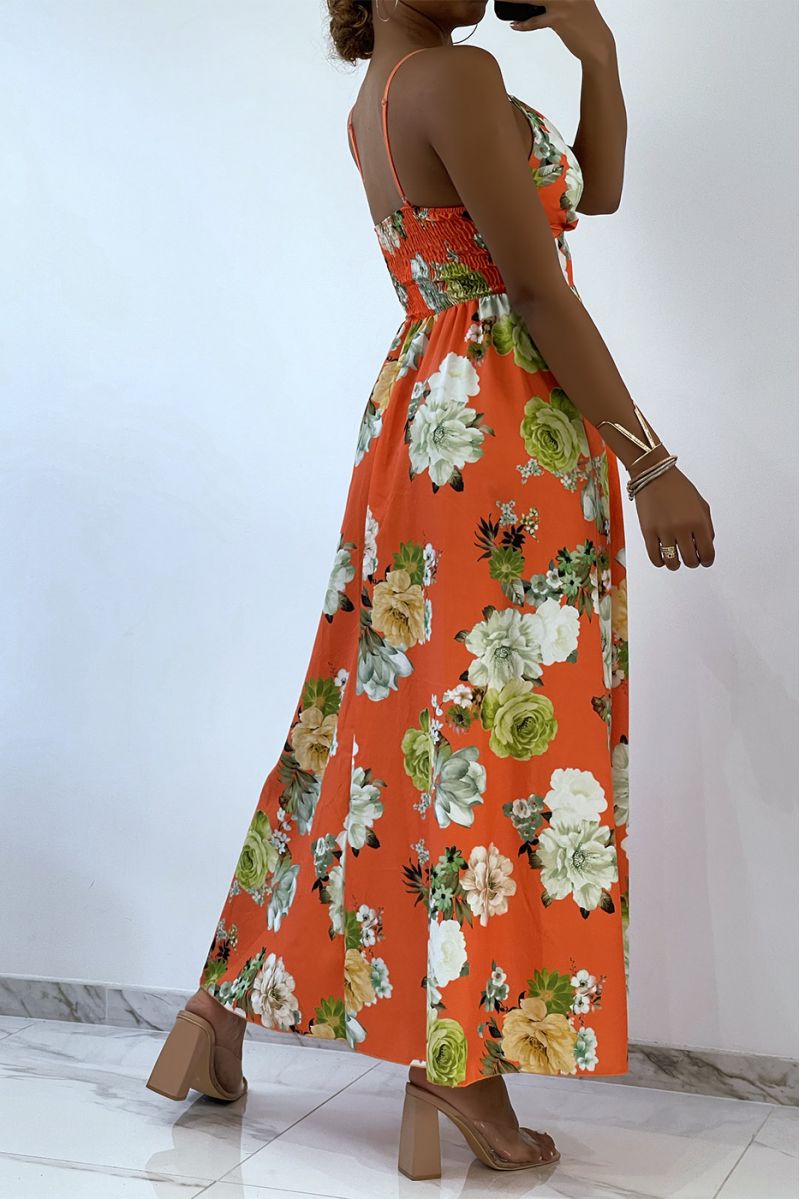 Oranje lange jurk met bloemen en driehoekige halslijn  - 3