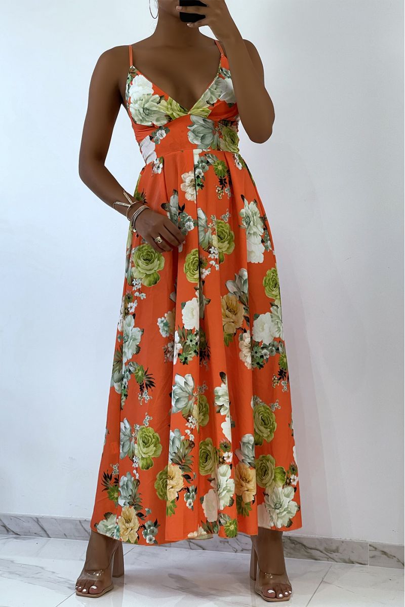 Oranje lange jurk met bloemen en driehoekige halslijn  - 4