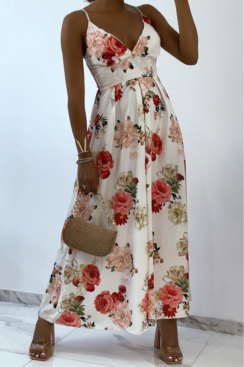 Long white floral dress with triangle neckline  - 1