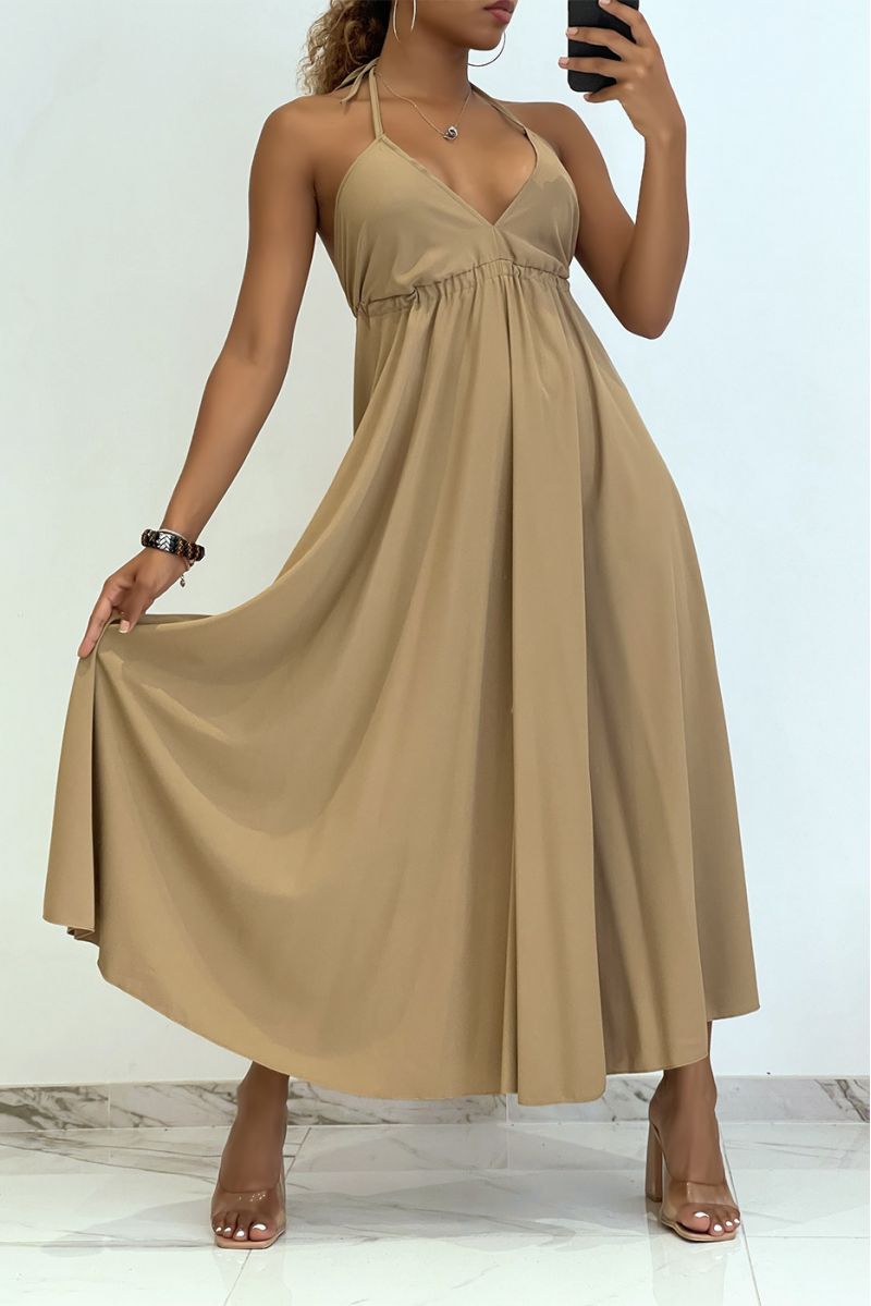 Plain taupe long dress with bare back and triangle neckline  - 1