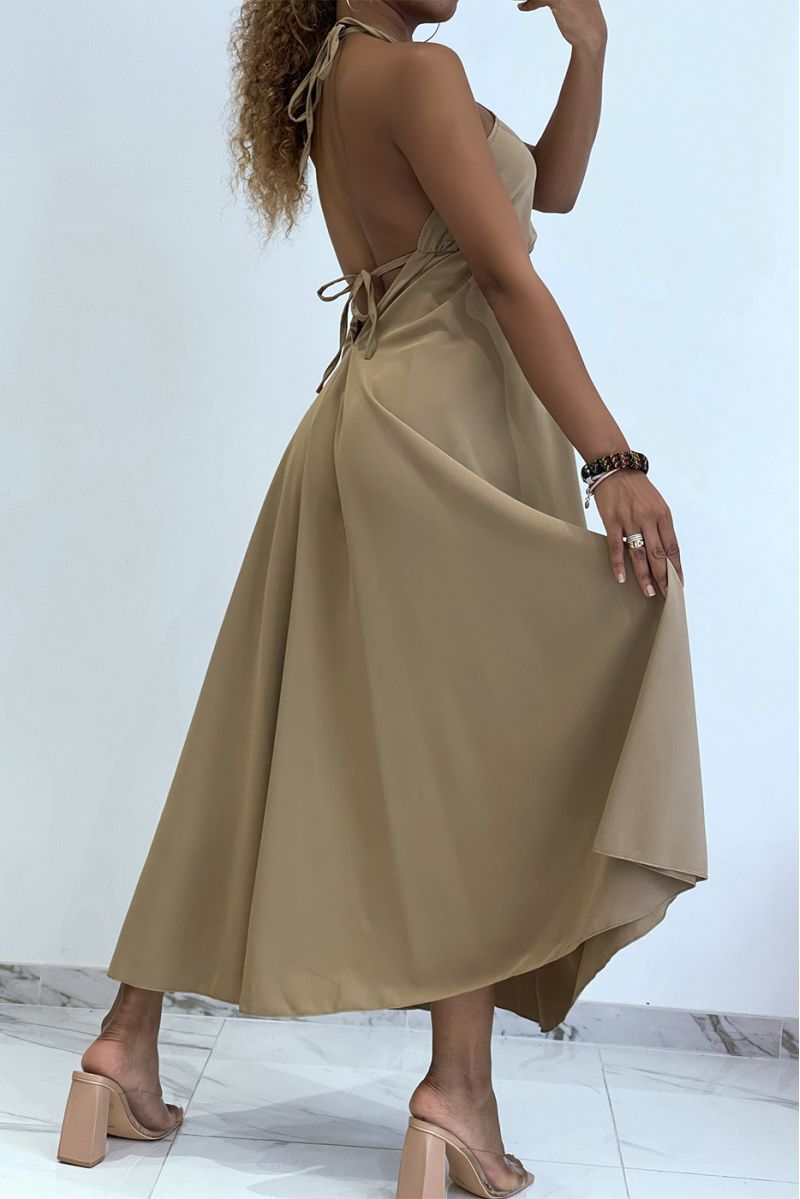 Plain taupe long dress with bare back and triangle neckline  - 2