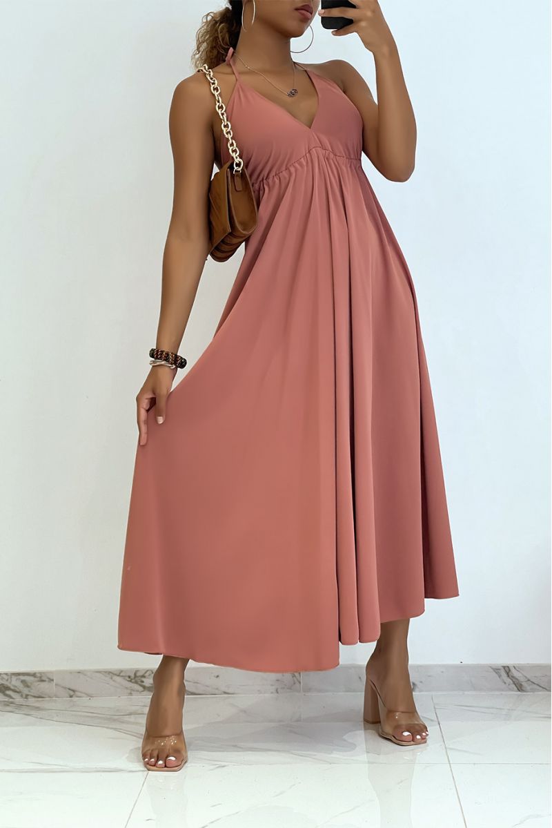 Plain old pink long dress with bare back and triangle neckline  - 1