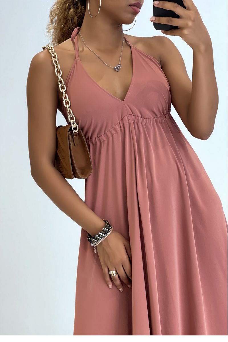 Plain old pink long dress with bare back and triangle neckline  - 3