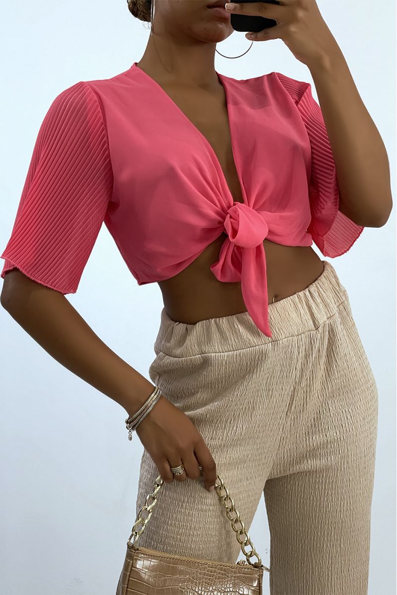 Coral tie crop top with pleated sleeves - 1