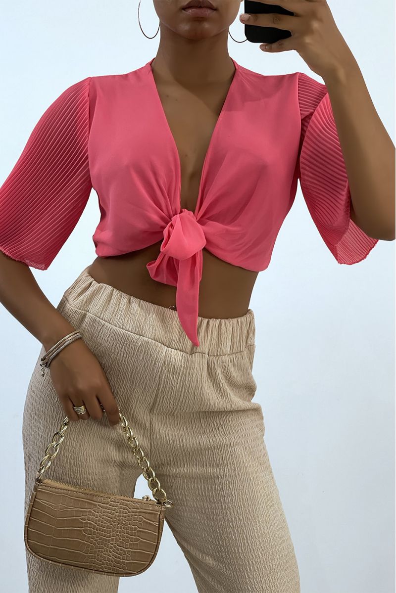 Coral tie crop top with pleated sleeves - 2