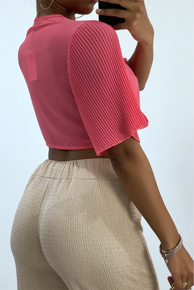 Coral tie crop top with pleated sleeves - 3