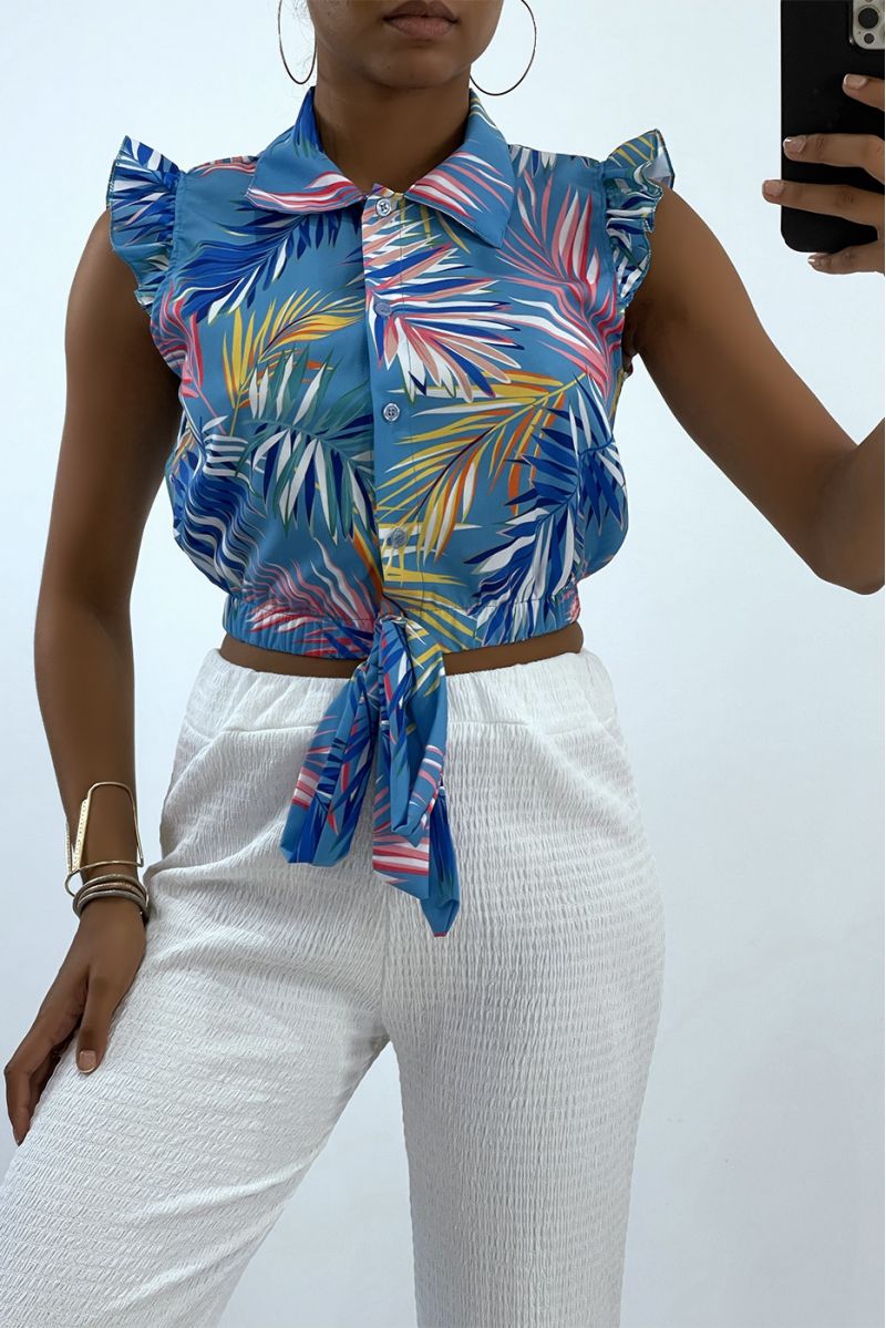 Blue crop top shirt with tropical pattern - 1