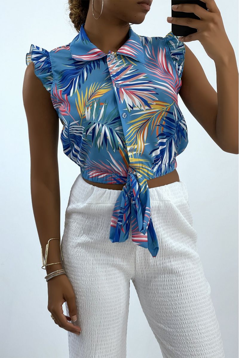 Blue crop top shirt with tropical pattern - 2