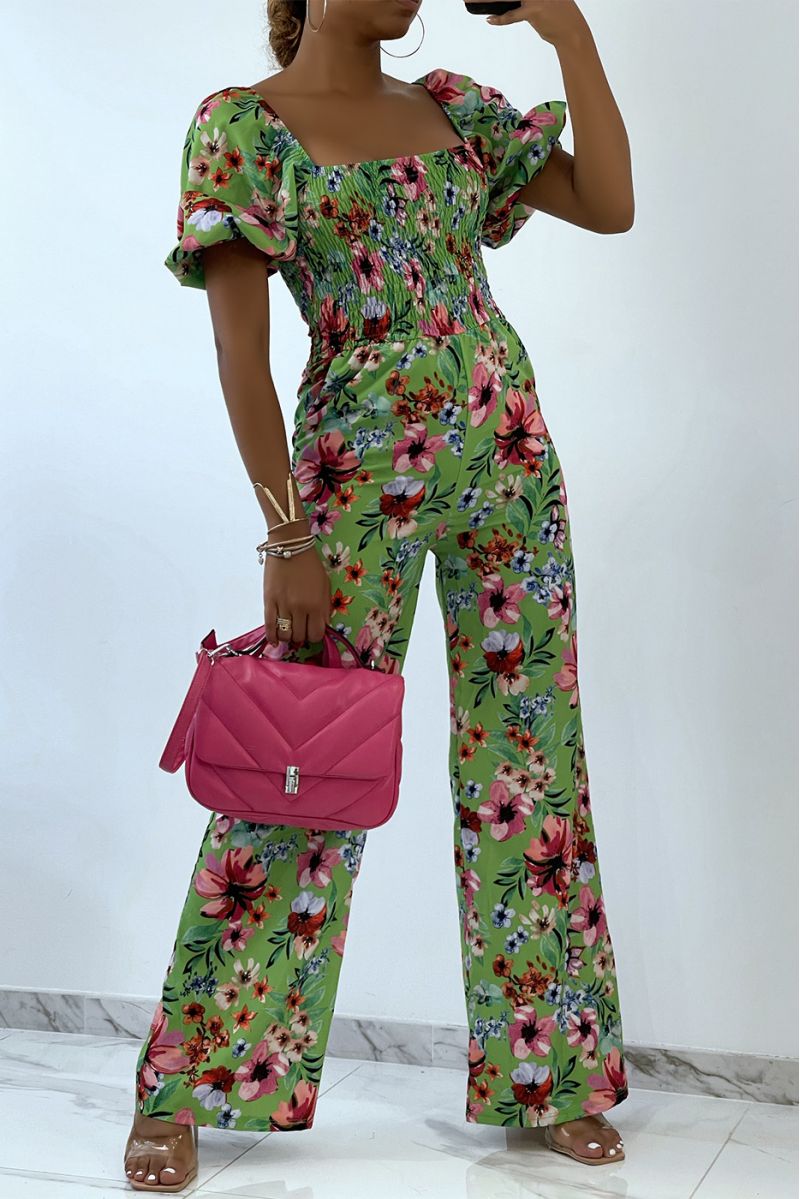 Floral green jumpsuit with bell bottoms and strapless top with elastic chest, essential for summer - 1