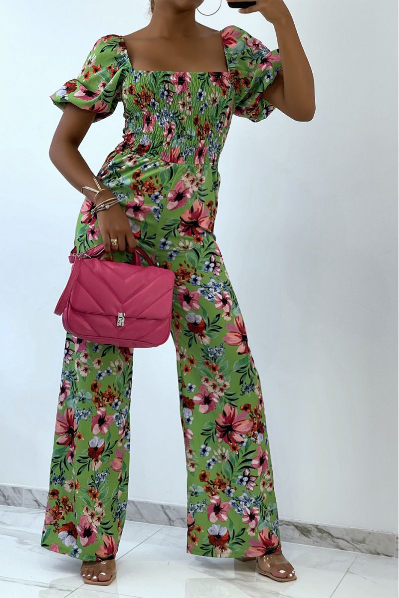 Floral green jumpsuit with bell bottoms and strapless top with elastic chest, essential for summer - 2