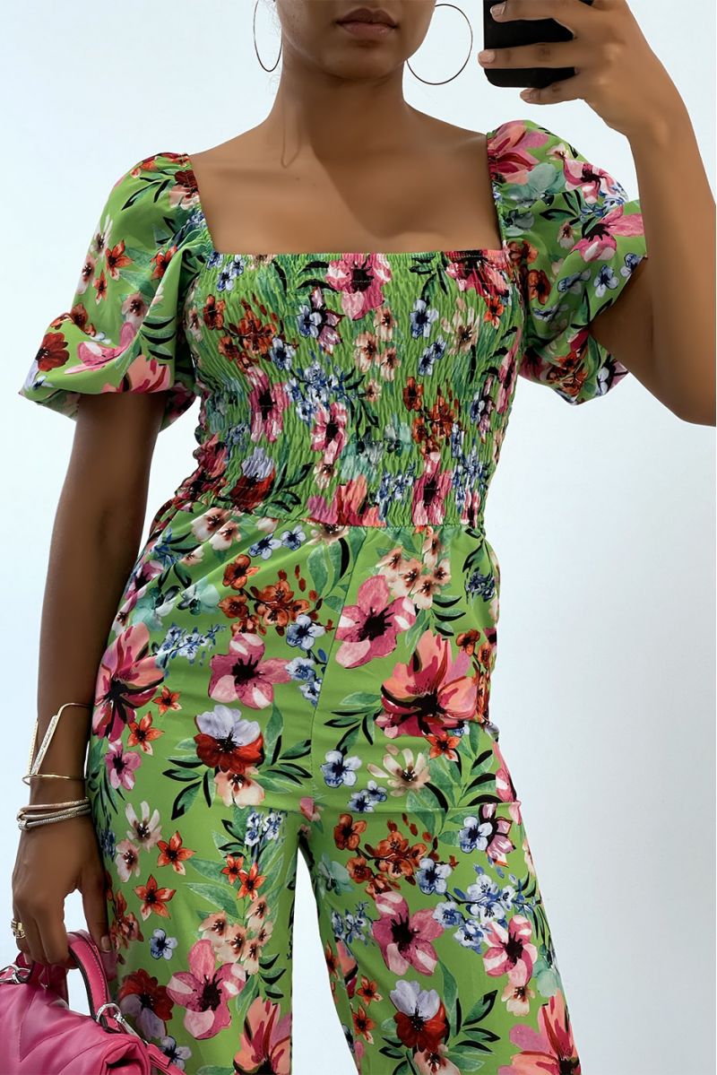 Floral green jumpsuit with bell bottoms and strapless top with elastic chest, essential for summer - 3