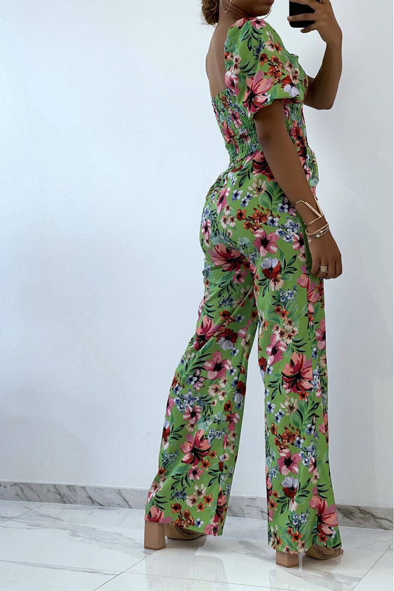 Floral green jumpsuit with bell bottoms and strapless top with elastic chest, essential for summer - 5