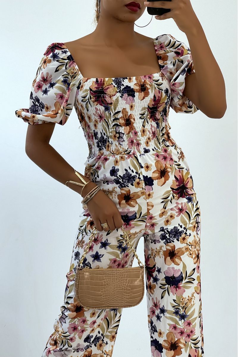 Wit met blauwe bloemen jumpsuit met bell bottoms en strapless top met elastische borst essentieel voor de zomer - 1