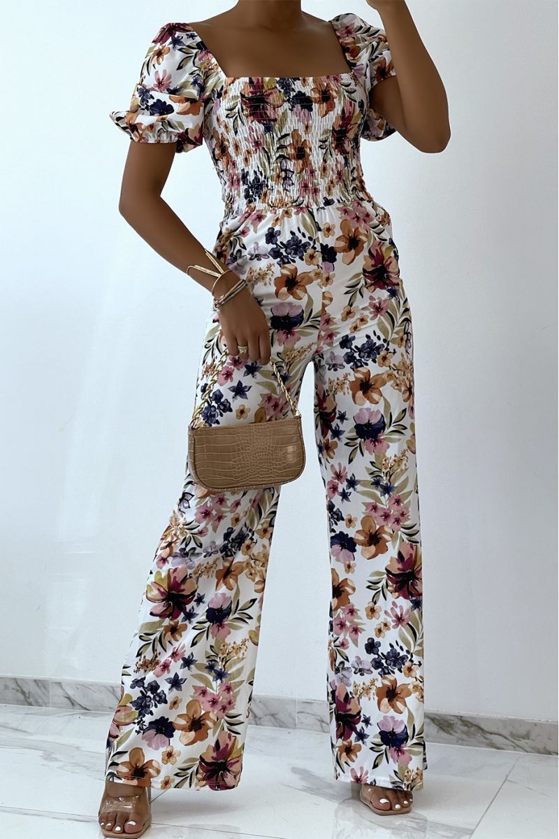 Wit met blauwe bloemen jumpsuit met bell bottoms en strapless top met elastische borst essentieel voor de zomer - 3
