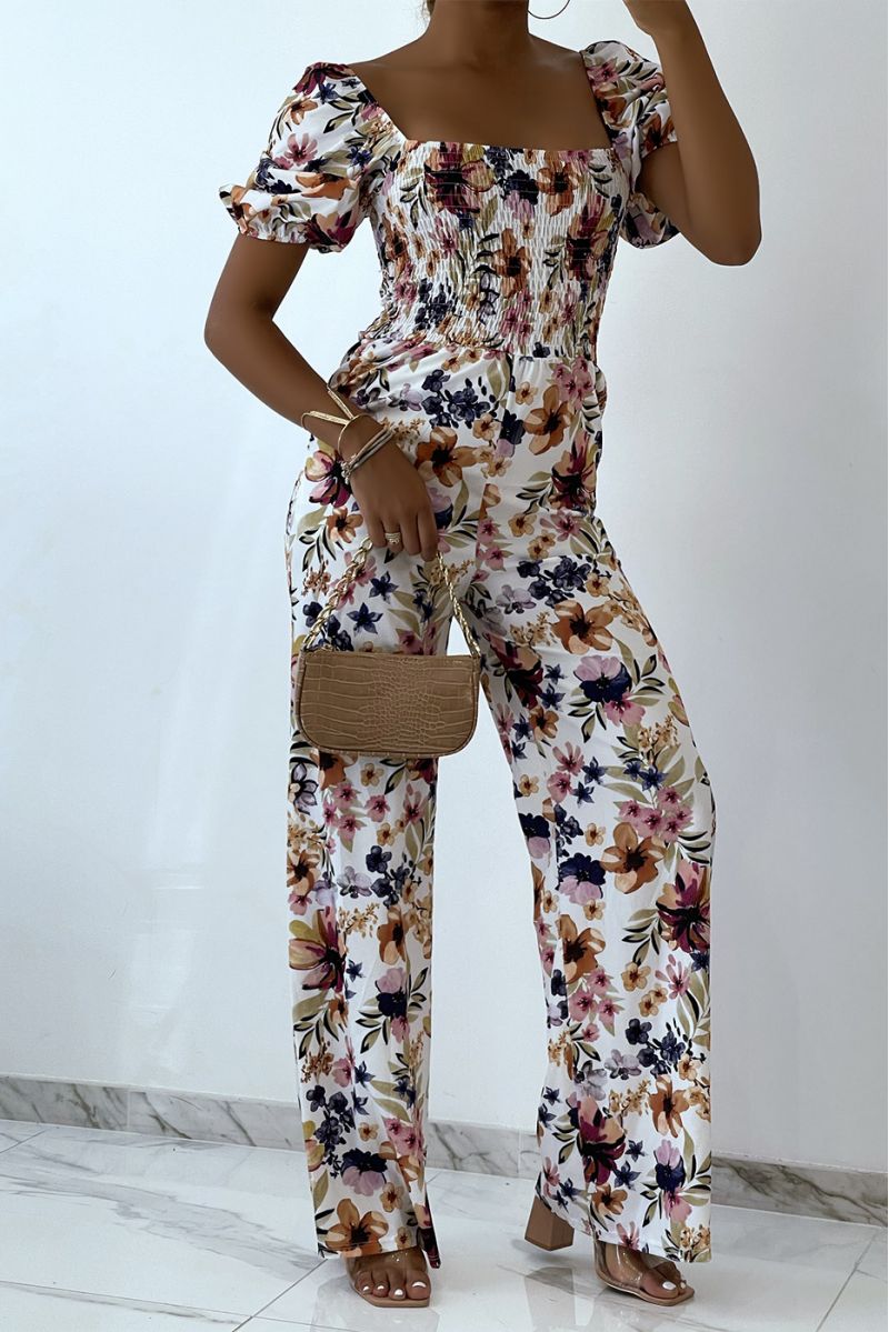 Wit met blauwe bloemen jumpsuit met bell bottoms en strapless top met elastische borst essentieel voor de zomer - 4