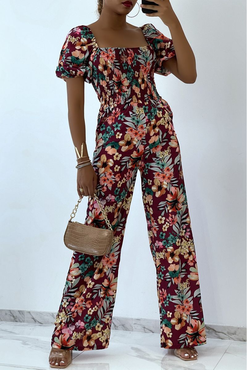 Floral burgundy jumpsuit with bell bottoms and strapless top with elastic chest, essential for summer - 1