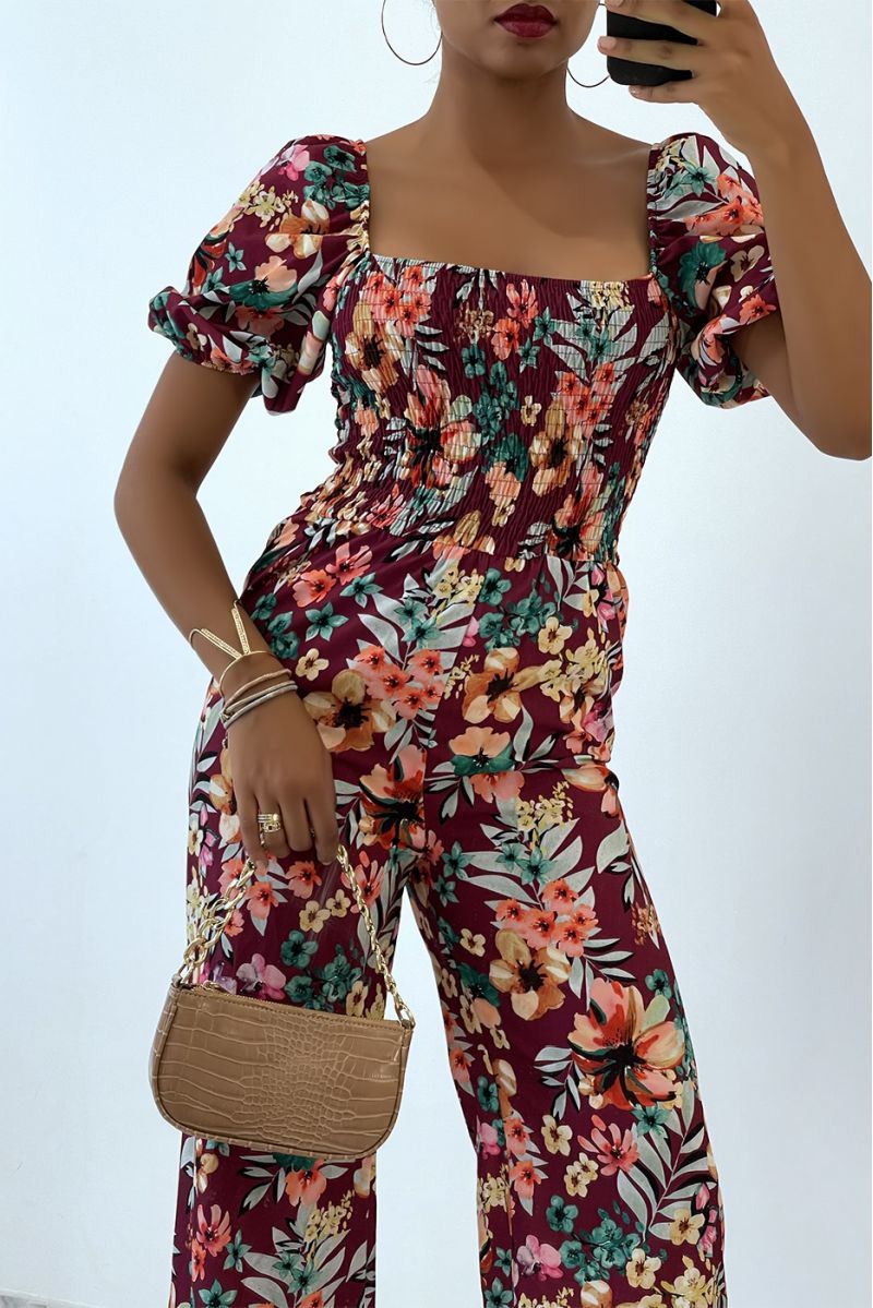 Floral burgundy jumpsuit with bell bottoms and strapless top with elastic chest, essential for summer - 2