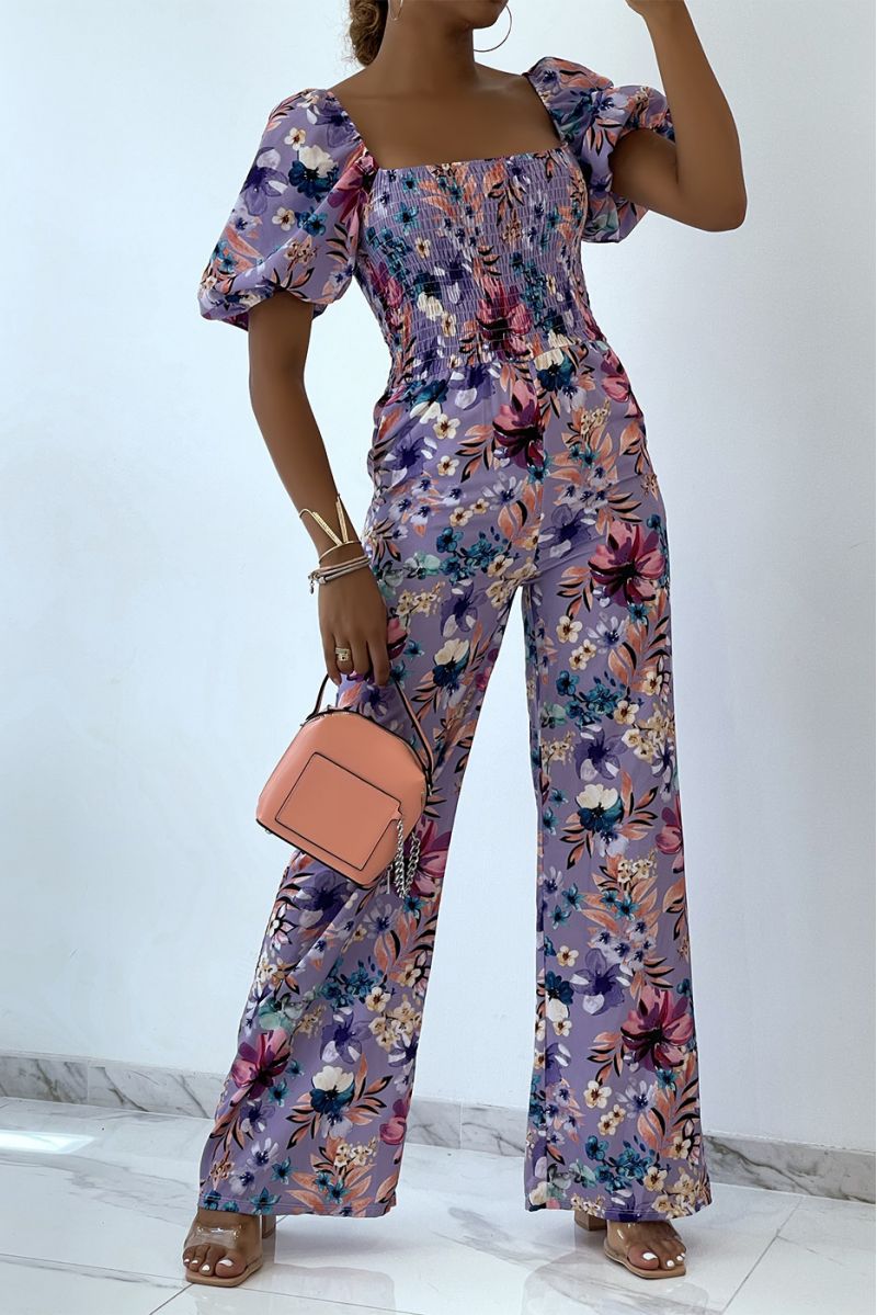 Floral lilac jumpsuit with bell bottoms and strapless top with elastic chest, essential for summer - 1