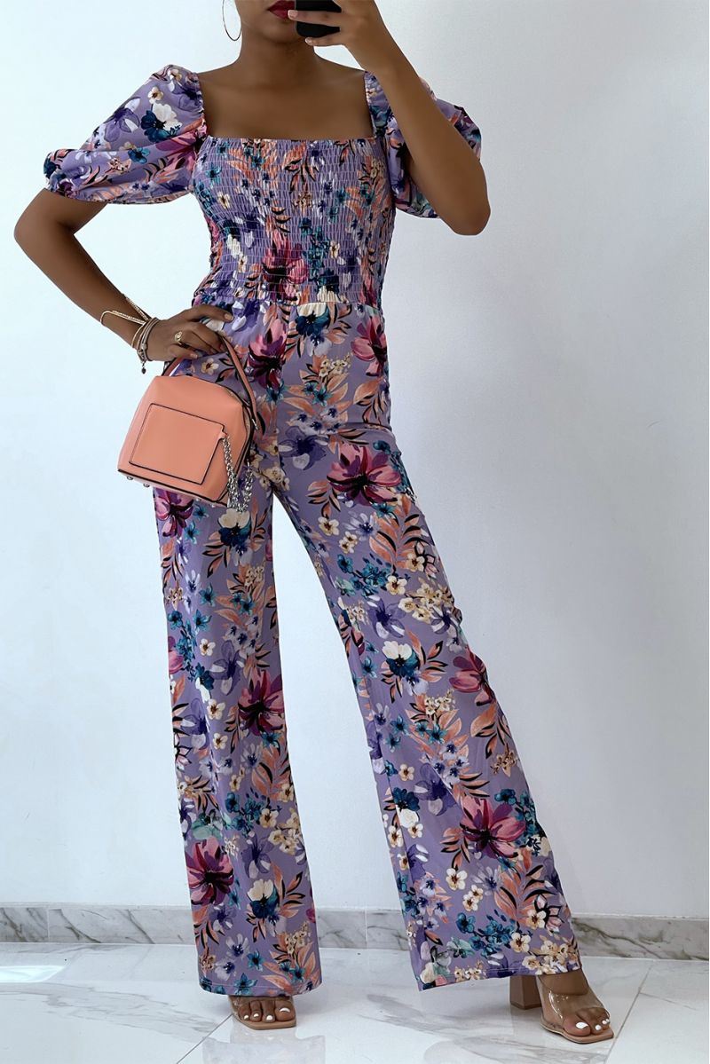 Gebloemde lila jumpsuit met bell bottoms en strapless top met elastische borst, essentieel voor de zomer - 4