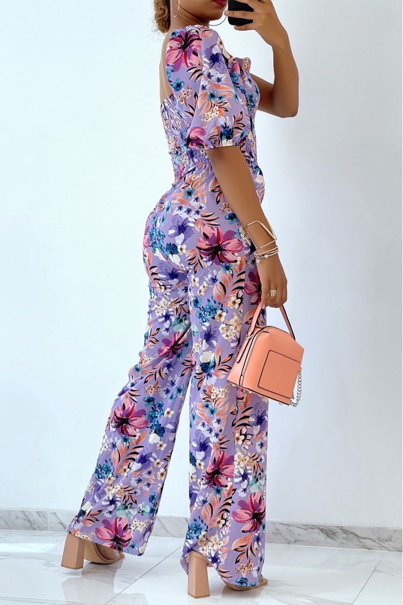 Gebloemde lila jumpsuit met bell bottoms en strapless top met elastische borst, essentieel voor de zomer - 5