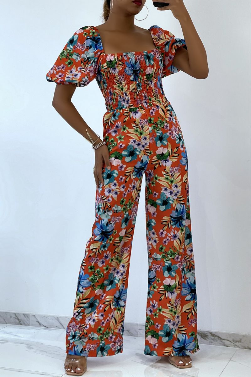 Gebloemde oranje jumpsuit met bell bottoms en strapless top met elastische borst, essentieel voor de zomer - 1