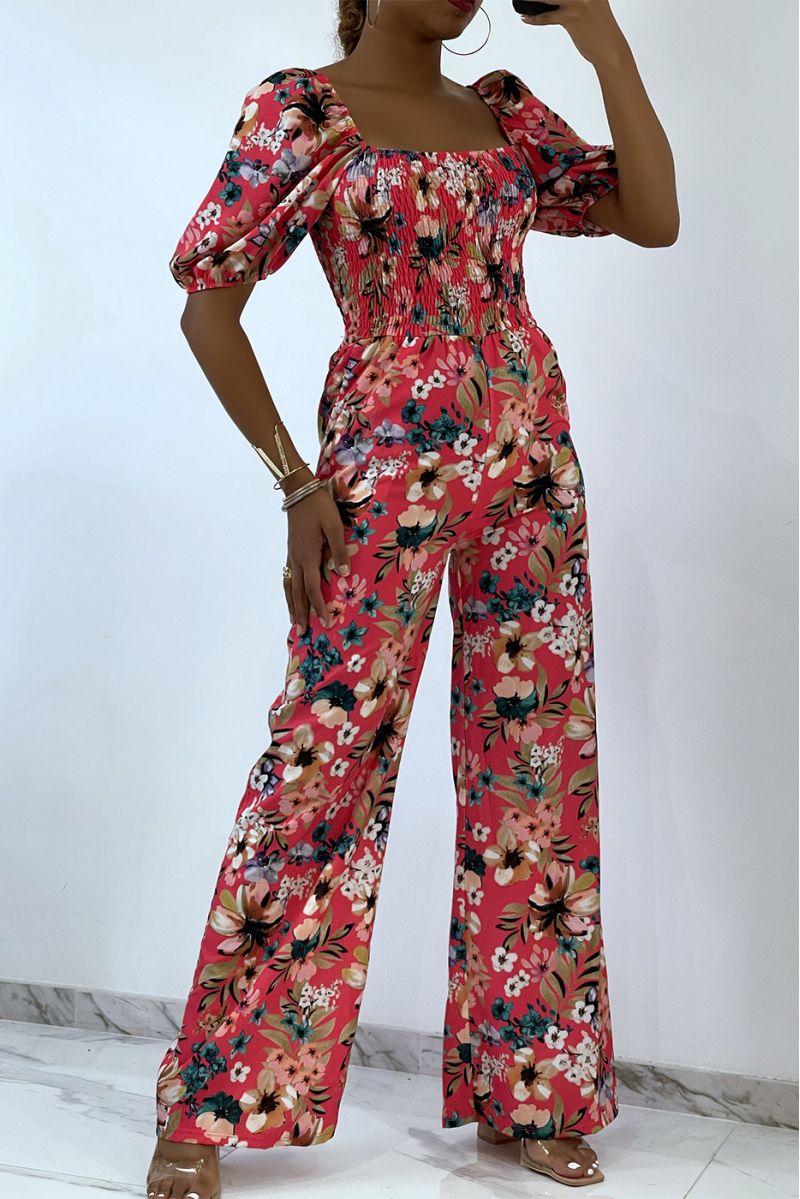 Fuchsia bloemrijke jumpsuit met bell bottoms en strapless top met elastische borst, essentieel voor de zomer - 1