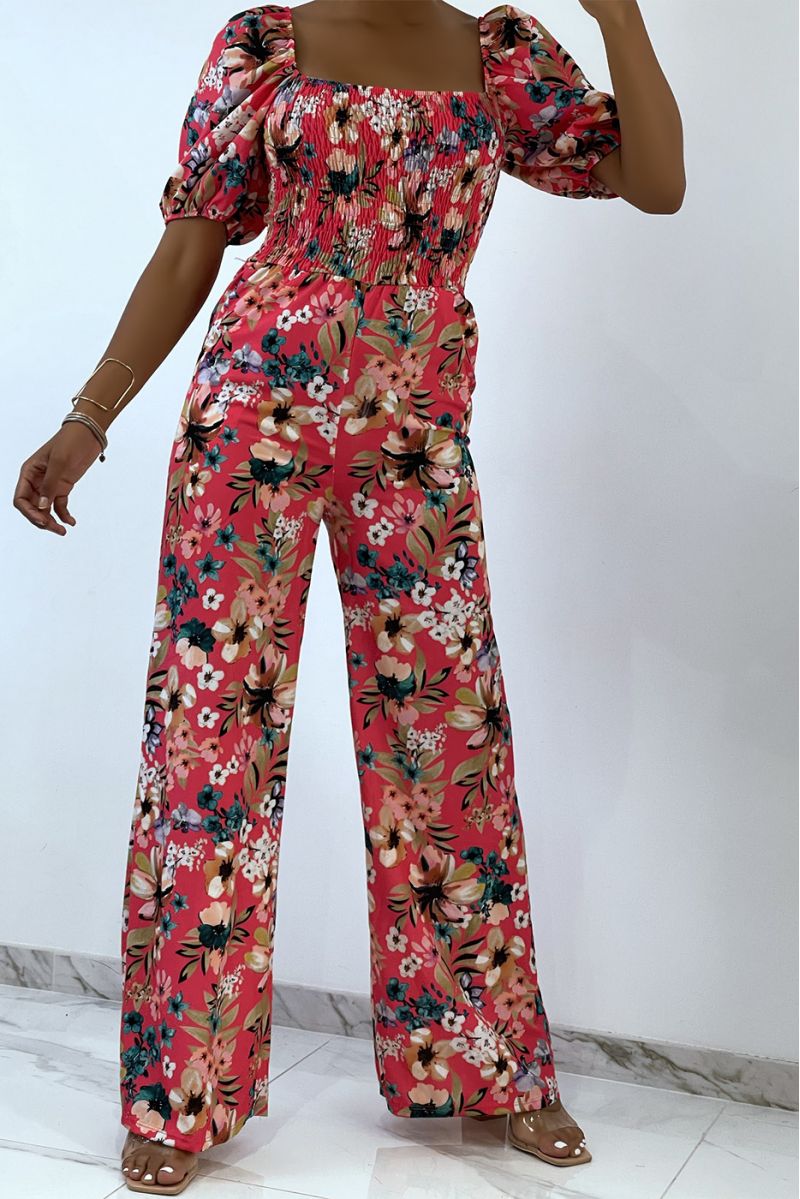 Fuchsia bloemrijke jumpsuit met bell bottoms en strapless top met elastische borst, essentieel voor de zomer - 2