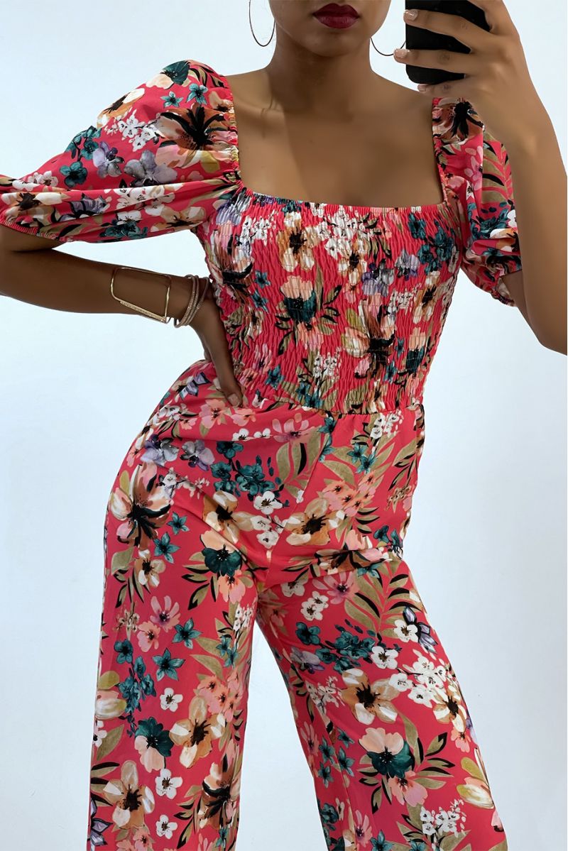 Fuchsia bloemrijke jumpsuit met bell bottoms en strapless top met elastische borst, essentieel voor de zomer - 3