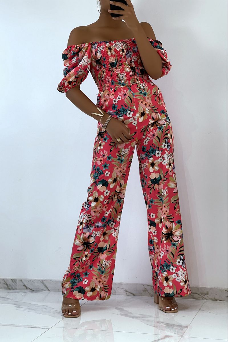 Fuchsia bloemrijke jumpsuit met bell bottoms en strapless top met elastische borst, essentieel voor de zomer - 5