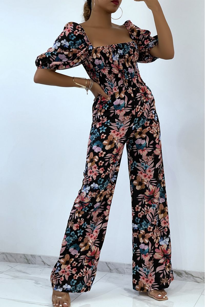 Gebloemde zwarte jumpsuit met bell bottoms en strapless top met elastische borst, essentieel voor de zomer - 1