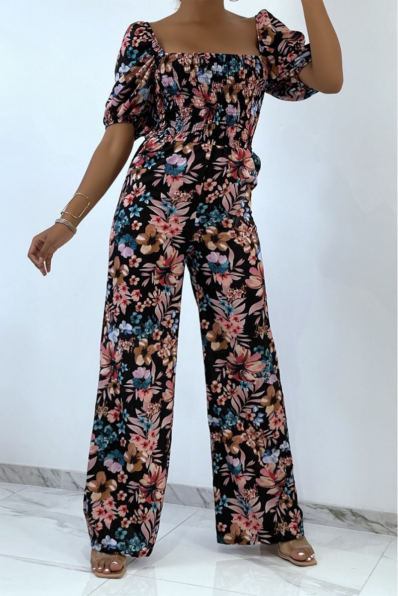 Floral black jumpsuit with bell bottoms and strapless top with elastic chest essential for summer - 2