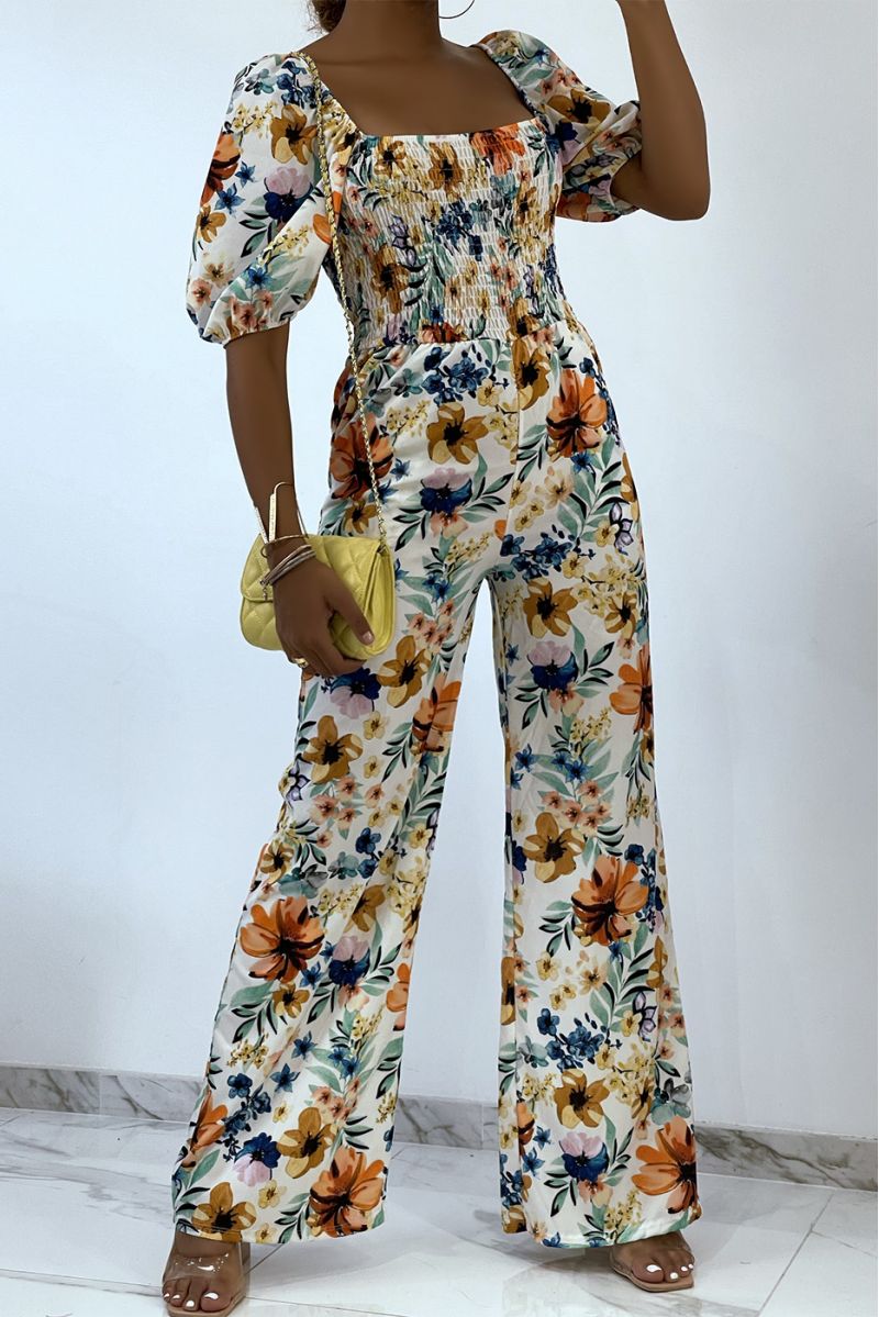 Combinaison blanche et verte fleurie pantalon pattes d'éléphants et top bustier élastique à la poitrine indispensable de l'été -