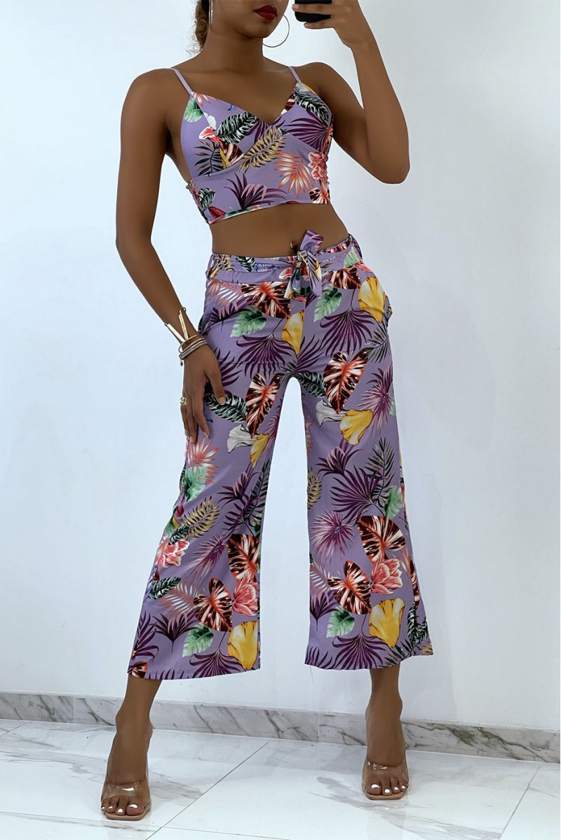 Fluid lilac set with foliage print crop top with V-neck bustier and thin straps and cropped trousers - 1