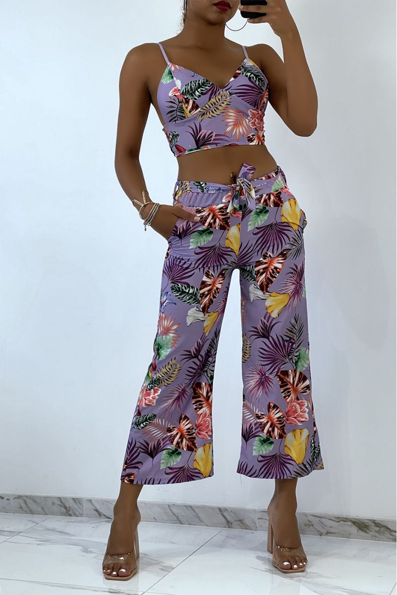 Fluid lilac set with foliage print crop top with V-neck bustier and thin straps and cropped trousers - 2