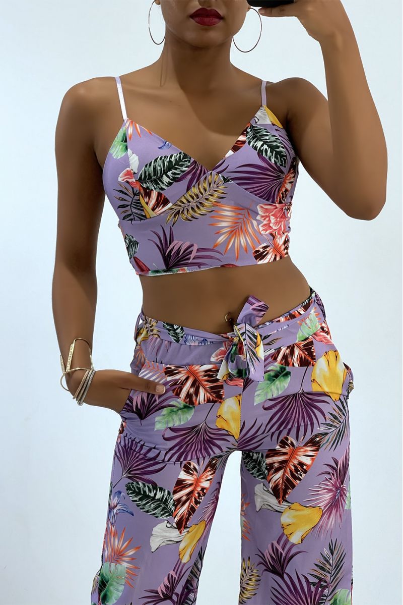 Fluid lilac set with foliage print crop top with V-neck bustier and thin straps and cropped trousers - 3