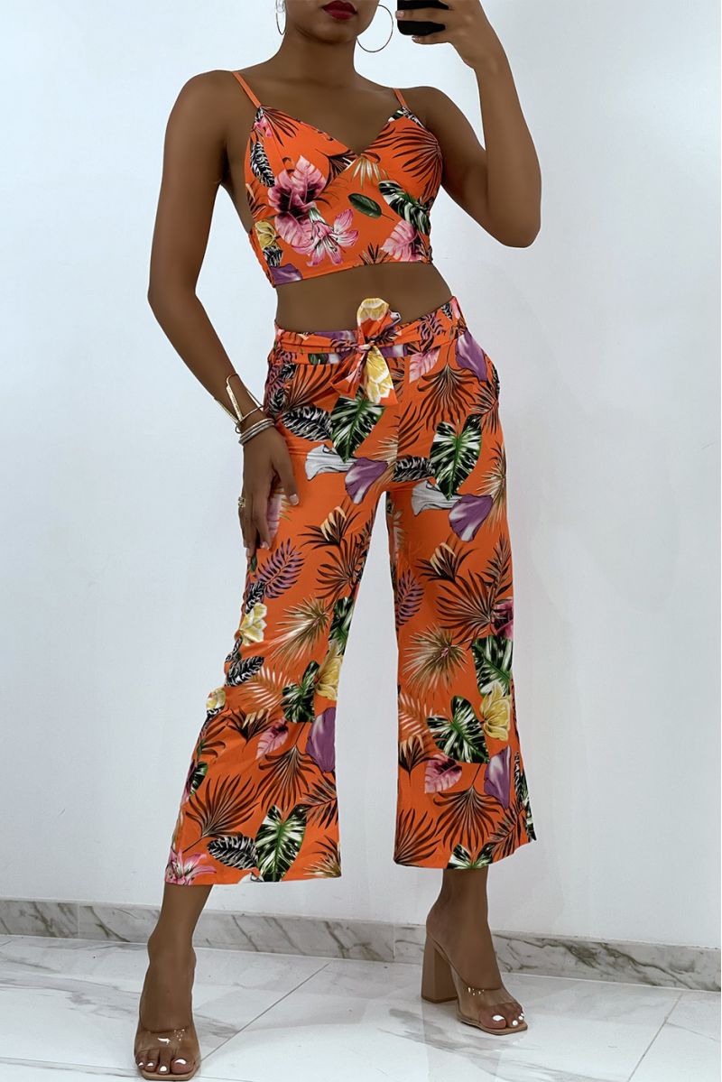 Ensemble orange fluide à imprimé feuillage crop top à bustier col V et bretelles fines et pantacourt - 1