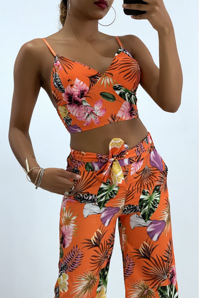 Ensemble orange fluide à imprimé feuillage crop top à bustier col V et bretelles fines et pantacourt - 2