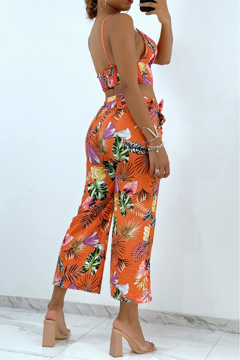 Ensemble orange fluide à imprimé feuillage crop top à bustier col V et bretelles fines et pantacourt - 3