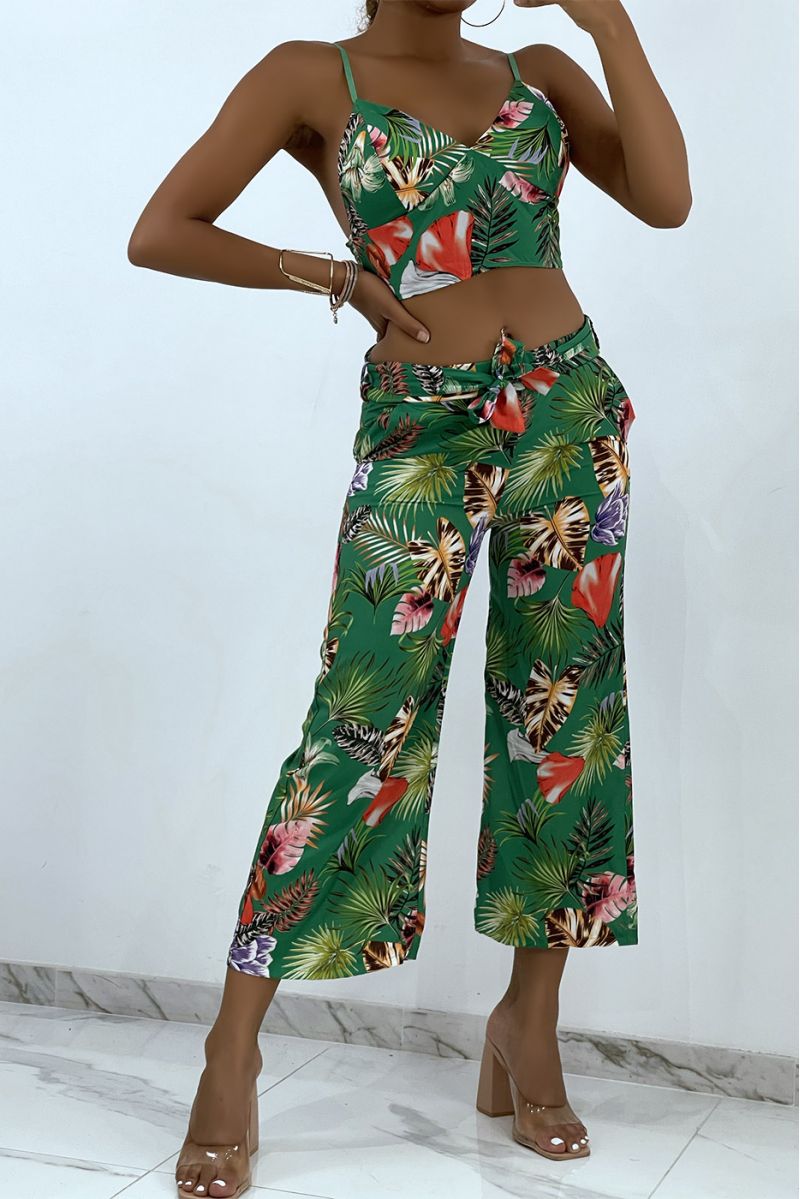 Ensemble vert fluide à imprimé feuillage crop top à bustier col V et bretelles fines et pantacourt - 2