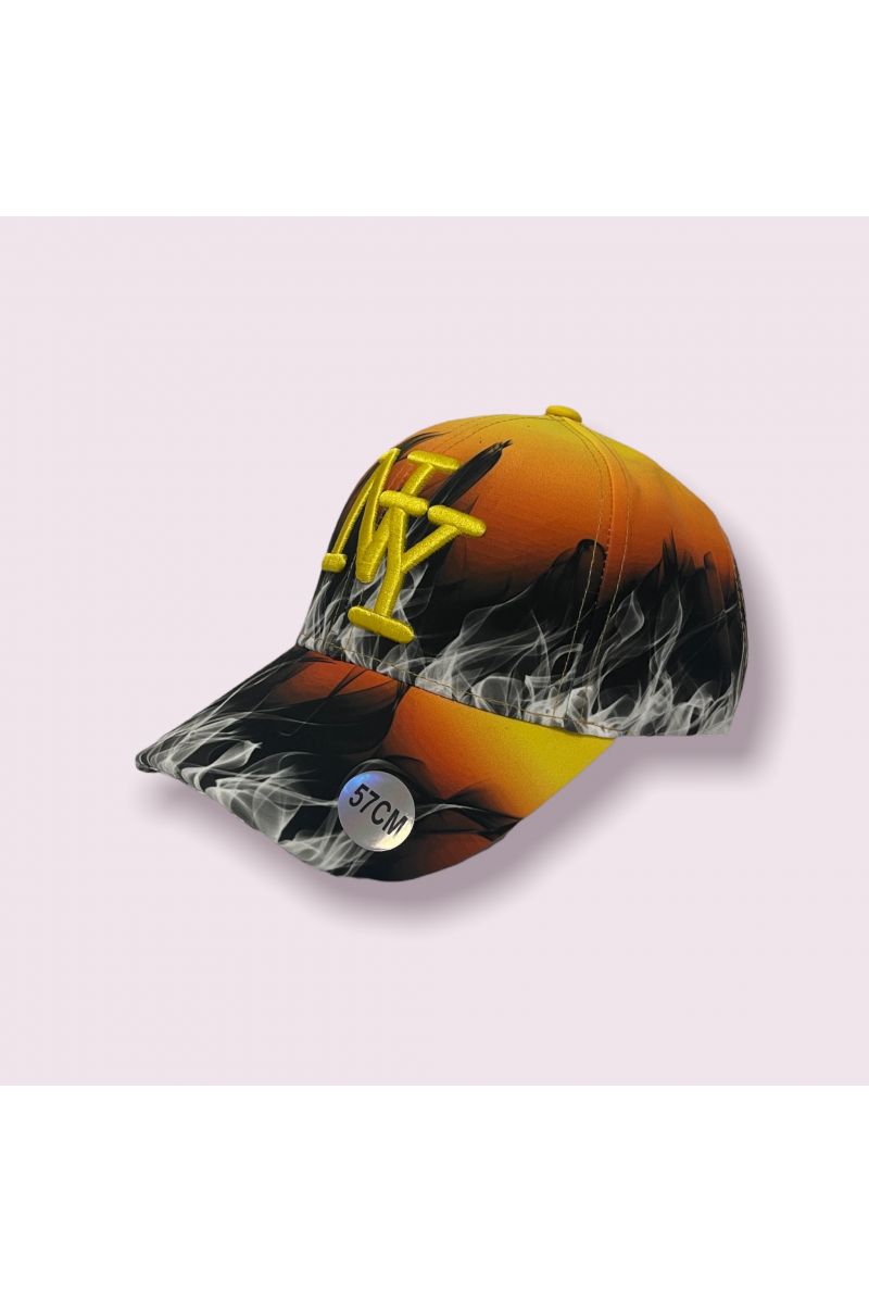 Black and orange cap with flame print and play of color - 1