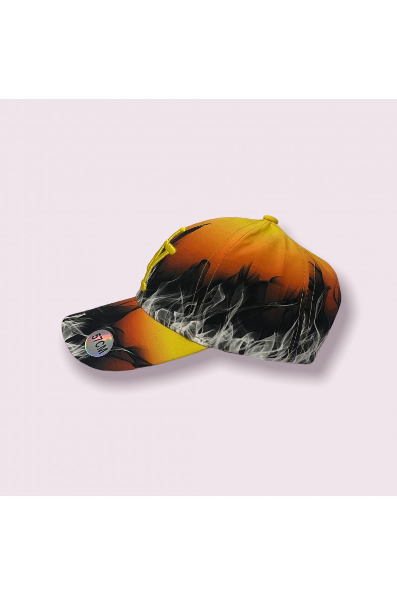 Black and orange cap with flame print and play of color - 5