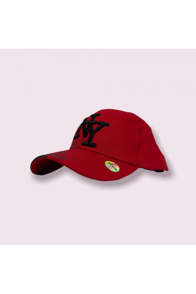 Red and gray New York cap with blurred wave pattern on the side - 1