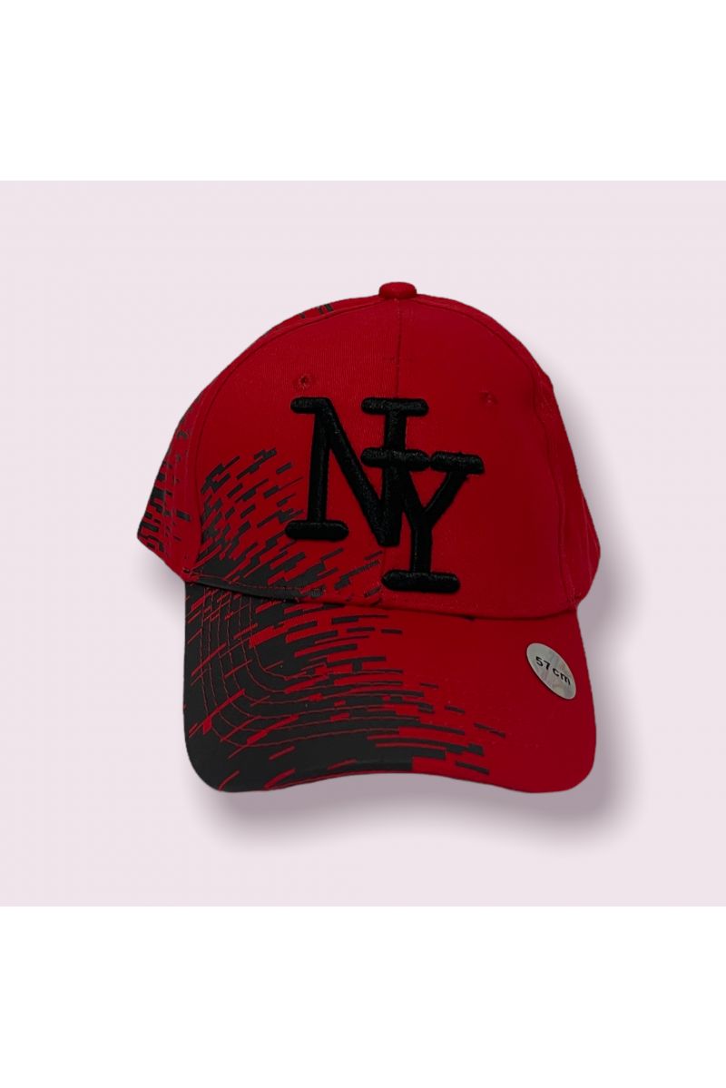 Red and gray New York cap with blurred wave pattern on the side - 2