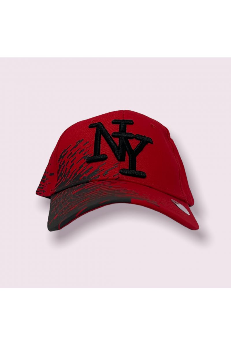 Red and gray New York cap with blurred wave pattern on the side - 3