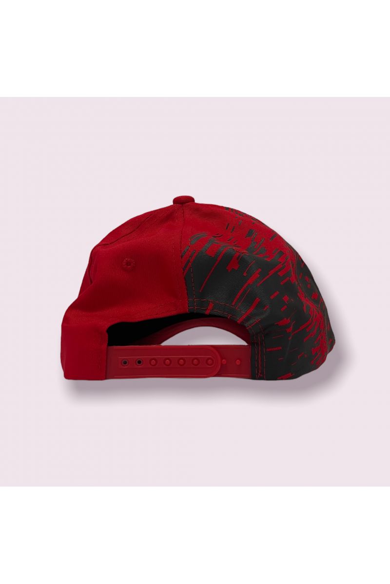 Red and gray New York cap with blurred wave pattern on the side - 4