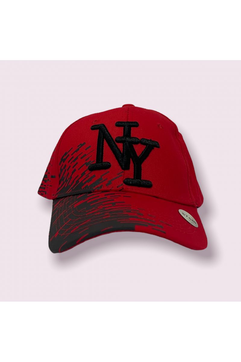 Red and gray New York cap with blurred wave pattern on the side - 6