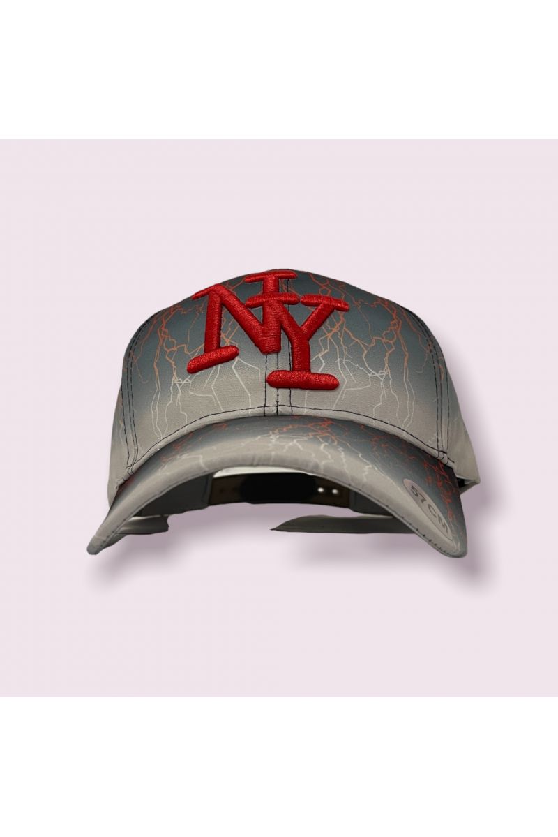 Gray and red New York cap with lightning bolt and tie-dye print - 1