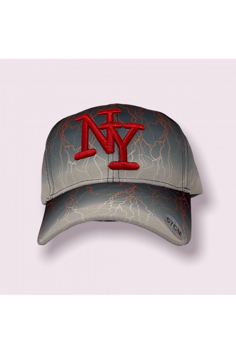 Gray and red New York cap with lightning bolt and tie-dye print - 2