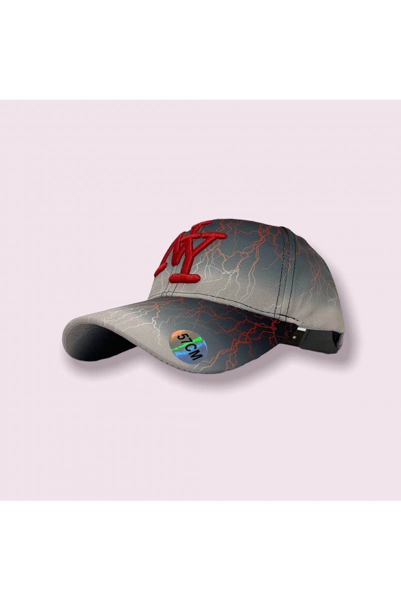 Gray and red New York cap with lightning bolt and tie-dye print - 5