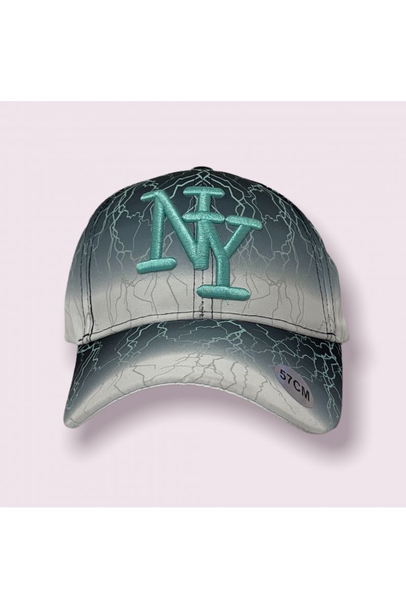 Gray and turquoise New York cap with lightning bolt and tie-dye print - 1